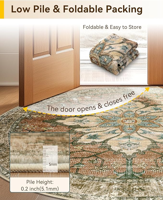 Area Rugs 5ft Washable Non-Slip, Floral Vintage Distress Print Pattern Medallion Carpet for Living Room Bedroom Dining Room, Brick Red Rust Neutral Brown Burnt Orange