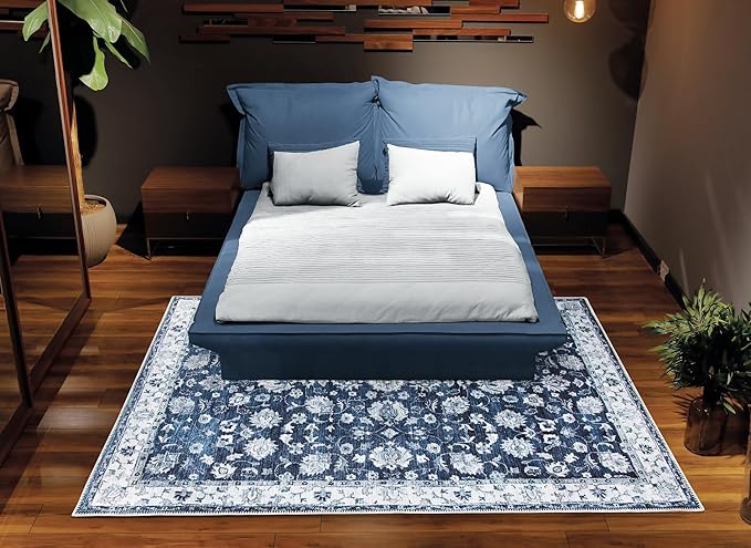 Bloom Rugs Washable Non-Slip 4' x 6' Rug - Dark Blue Traditional Bordered Area Rug for Living Room, Bedroom, Dining Room, and Kitchen - Exact Size: 4' x 6'
