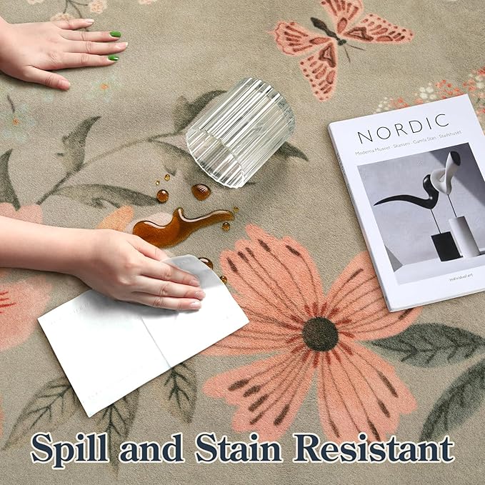Lahome Floral Washable Rugs 8x10, Non-Slip Soft Bedroom Rug Stain Resistant, Ultra-Thin 8x10 Rugs for Living Room Easy Clean Boho Rug Accent Carpet for Dining Room Office(8x10ft,Brown)