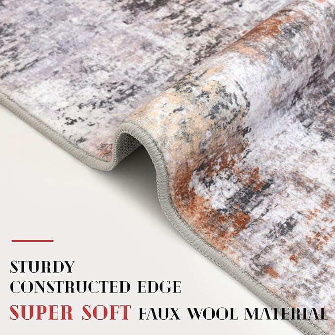 Modern Abstract Runner Rug 2x6, Grey Orange Multi Washable Kitchen Runner Non-Slip Soft Hallway Rug Runner Thin Print Faux Wool Carpet for Entryway Bedroom Laundry Room Indoor Home Decor