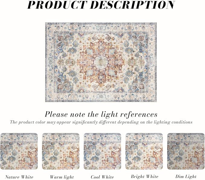 Area Rug 4×6, Vintage Boho Rug,Ultra-Soft Low Pile, Washable, Non Slip,Stain Resistant Printed Carpet for Living Room Bedrooms Playroom Office Kitchen, Blue/Red