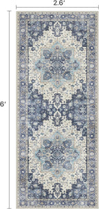 2'6''x6 Runner Rugs for Hallway, Machine Washable Non Slip Vintage Rugs, Low Pile Lightweight Soft Print Rug for enrtyway, Corridor, Home Office, Kitchen, Center Blue