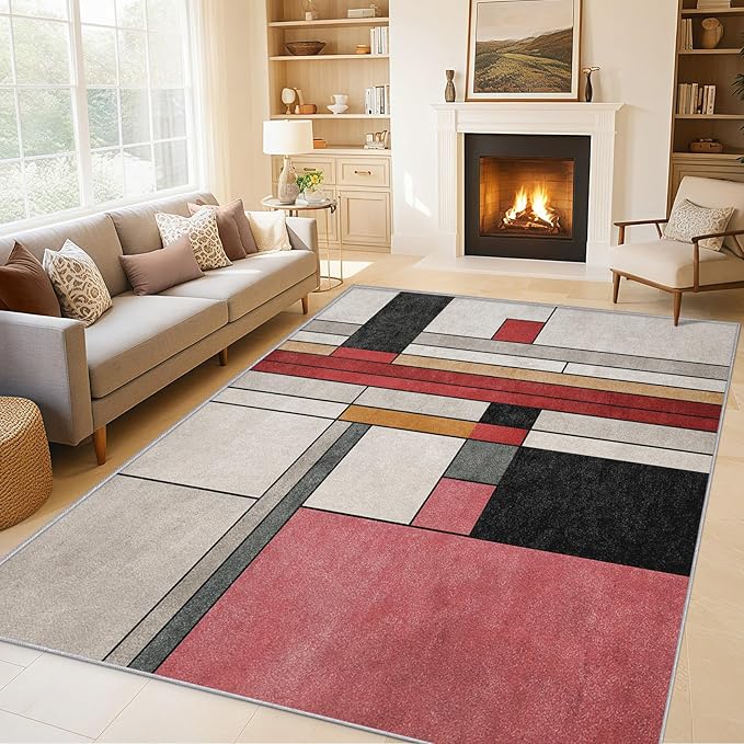 2x3 Abstract Geometric Throw Rugs for Entryway, Washable Black White Red Pattern Indoor Door Mat, Bedroom Kitchen Entrance, Non Slip Soft Thin, Minimalist Modern Decor Small Area Rug PF-P 49