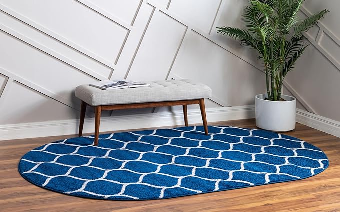 Rugs.com Lattice Frieze Collection Rug – 8' x 10' Oval Navy Blue Medium Rug Perfect for Living Rooms, Large Dining Rooms, Open Floorplans