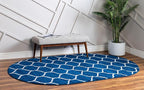Rugs.com Lattice Frieze Collection Rug – 8' x 10' Oval Navy Blue Medium Rug Perfect for Living Rooms, Large Dining Rooms, Open Floorplans