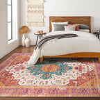 Moynesa Ultra-Thin Washable 10x14 Area Rugs for Bedroom, Pink Large Living Room Rug Non Slip, Medallion Oriental Indoor Floor Carpet for Dining Room Table Dorm Home Office Decor