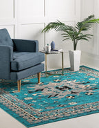 Unique Loom Taftan Collection Border Geometric Tribal Inspired Design Area Rug (8' 0 x 8' 0 Square, Turquoise/ Gray)