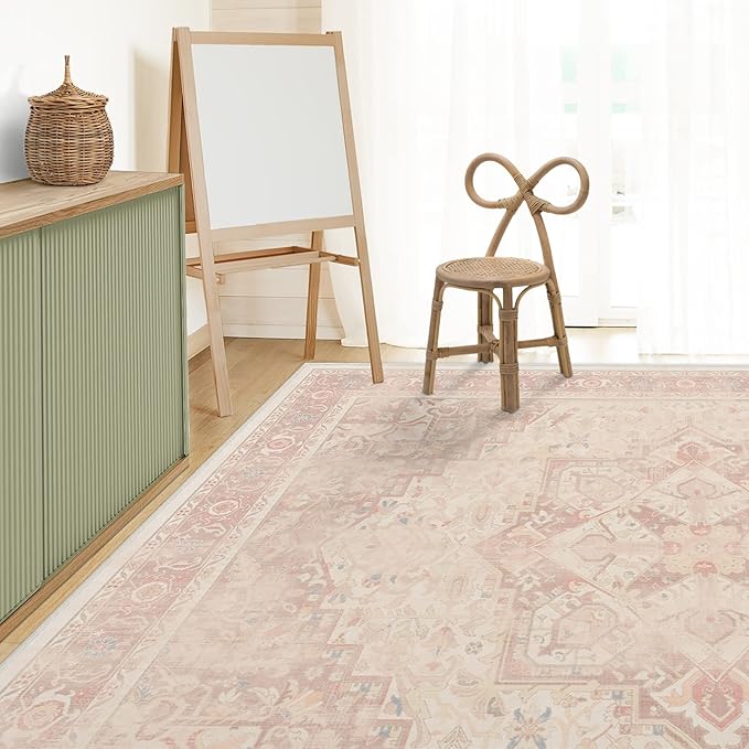 RUGGABLE Washable Area Rug – Kamran Soft Pink 9x12, Stain-Resistant, Non-Slip – Large Machine Washable Rugs for Living Room, Bedroom, Hallway, Entryway & Office–with Cushioned Pad