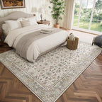 Washable 6x9 Area Rugs for Living Room, Boho Non-Slip Vintage Distress Large Rugs for Bedroom Dining Room Nursery Office, 0.3" Neutral Oriental Throw Thin Carpet, Cream/Blue/Orange/Multi