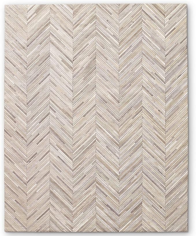 Elegant Rectangular Rug Cowhide Leather Stylish Non Slip Chevron Patchwork Area Rug for Living Room and Entryway Floor Carpet (Beige-5 x 8 ft)
