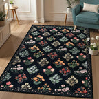 Wonnitar Floral Print Rug for Living Room, Black Washable 5x7 Area Rugs, Ultra-Thin Non Slip Stain Resistant Bedroom Carpet for Dining Room Playroom Office Dorm, Black/Multi