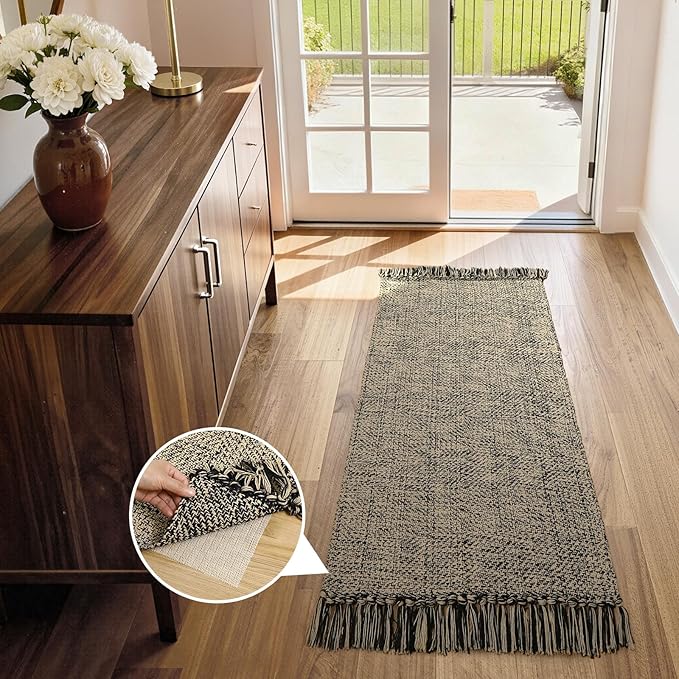 Collive Washable Kitchen Runner Rug, Modern Farmhouse Hand Woven Entryway Rugs Non Slip, Cotton Reversible Bathroom Carpet for Bedroom Hallway Foyer Back Door Decor, Natural/Black 2 x 4.3 ft