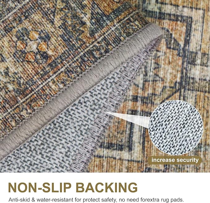 Bavni Kitchen Rug 2x5 Runner Rugs for Hallways Entryway, Washable Vintage Print Carpet, Ultra-Thin Chenille Low Pile Lightweight Rug with Non Slip Backing, Sepia