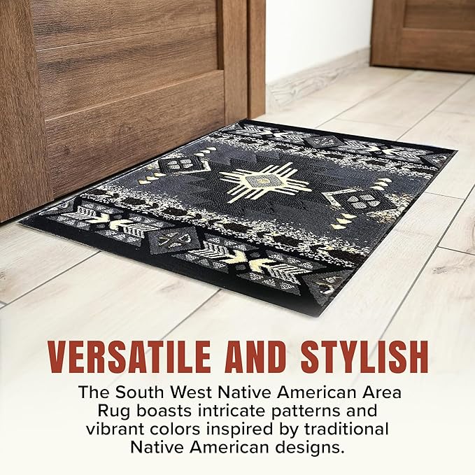 YHSF South West Native American Area Rug C318 - Easy Clean, Thick, Soft, Durable Native Tribal American Indian Inspired Rug for Bedroom/Living Room and More - Grey, 5 Feet 11 Inches x 8 Feet 6 Inches