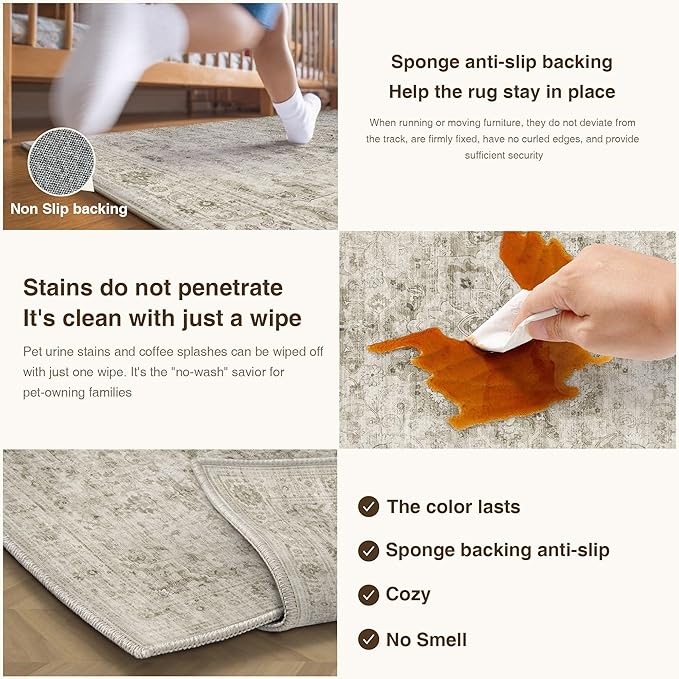HUGEAR Washable 8x10 Area Rugs Retro Beige Living Room Bedroom Rug Vintage Distressed Non Slip Stain Resistant Low Pile Neutral Throw Carpet for Home Decor