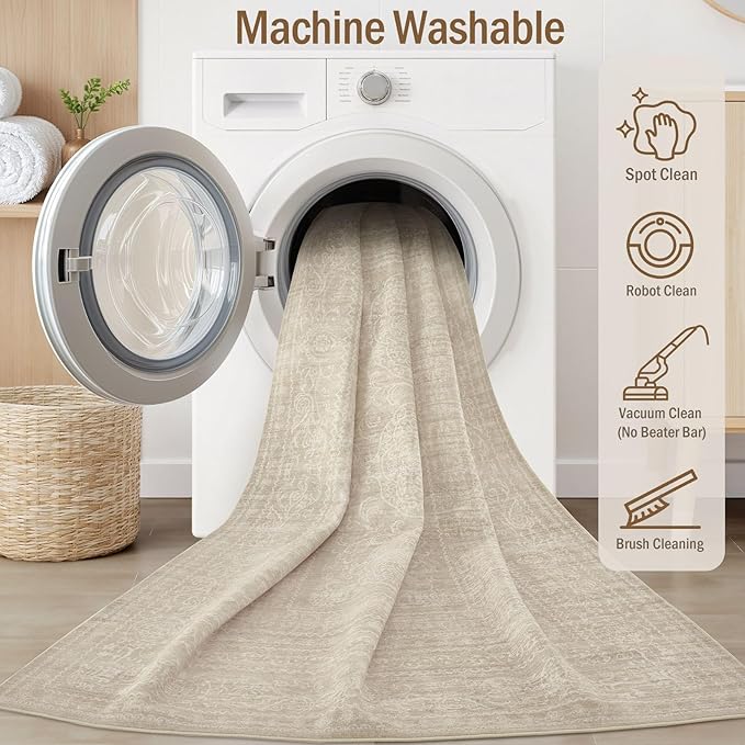 7x9 Area Rug Living Room: Washable Large Vintage Rug Neutral Non-Slip Soft Stain Resistant Indoor Carpet for Bedroom Nursery Dining Room Under Table Bed Home House Office Playroom - Brown