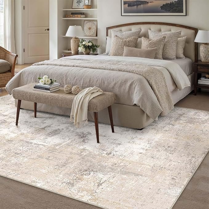6x9 Washable Area Rug Beige Grey Abstract Living Room Bedroom Throw Rug Neutral Modern Non Slip Soft Medium Pile Indoor Carpet for Dining Room Office Entryway