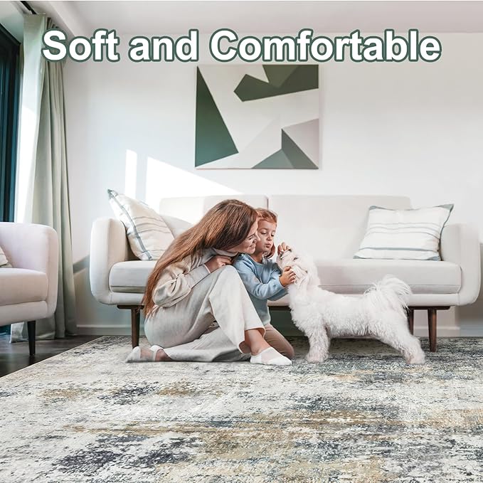 Washable Area Rug 5x7 - Neutral Modern Abstract Rugs, Soft Non Slip Thin Carpet with for Bedroom, Under Dining Room Table, Home, Office, Dorm, Office Rolling Chair - Green Yellow