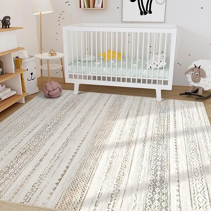 Nakagishi Area Rug Living Room Rugs: 4X6 Machine Washable Boho Large Neutral Farmhouse Stain Resistant Moroccan Indoor Floor Carpet for Bedroom Nursery Dorm Dining Room Home-Multi Color