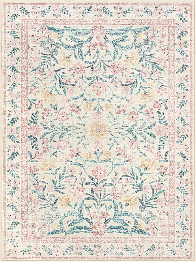Lahome Boho Pink and White Area Rugs 9x12 Living Room, Washable Floral Large Area Rugs for Bedroom Kids Playroom, Soft Non-Slip Thin Carpet for Nursery Home Decor, Blush