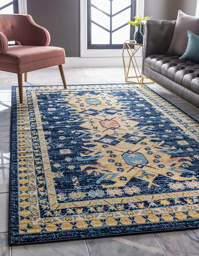 Unique Loom Taftan Collection Border Geometric Tribal Inspired Design Area Rug (8' 0 x 10' 0 Rectangular, Navy Blue/ Gold)