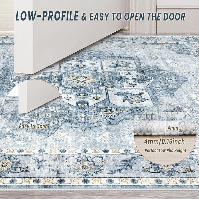 9x12 Area Rugs Washable Rugs for Living Room, Large Vintage Boho Rug Non-Slip Soft Floral Distressed Rug Low Pile Stain Resistant Carpet for Bedroom Nursery Office Dining Room Farmhouse(Blue, 9'x12')