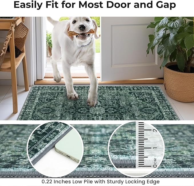 KOZYFLY Area Rug 4x6 Ft Washable Rugs for Entryway Non Slip Faux Wool Printed Throw Rug for Kitchen Bedroom Hallway Living Room Indoor Floor Decoration, Dark Green