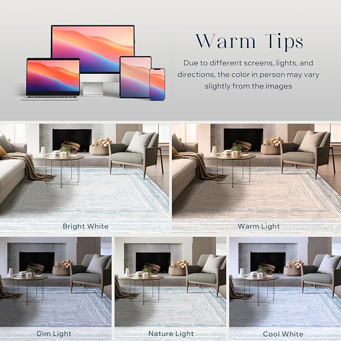 Phantoscope Washable Area Rug 4'x6' Non-Slip, Modern Neutral Boho Rugs for Living Room, Bedroom, DiningRoom, Distressed Geometric Rectangle Pattern, Low-Pile Foldable Floor Carpet, Coastal Blue/Grey