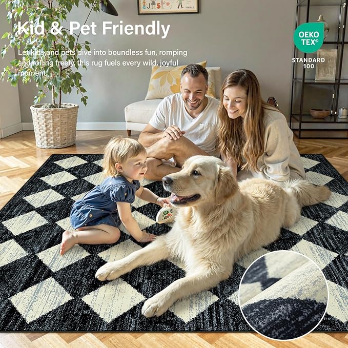 Lahome Moroccan Trellis Area Rug - 2x3 Printed Small Black Checkered Entryway Rug Non Slip Kitchen Mat, Stain Resistance Indoor Modern Floor Soft Throw Carpet for Front Door Bathroom Sink Bedroom