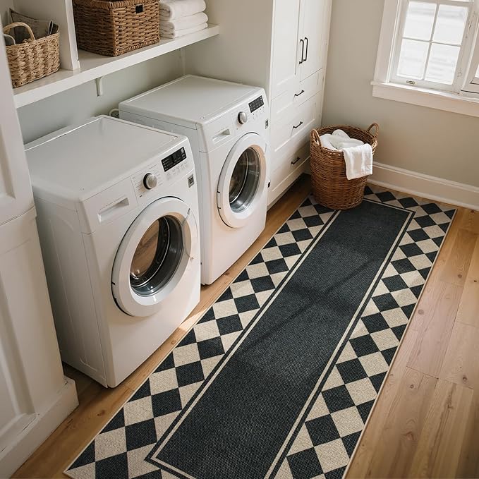Moynesa Easy Jute Hallways Runner Rugs Washable 2.5x8 Entryway Rug Runners for Kitchen Black Checkered Indoor Outdoor Carpet for Entryway Patio, Diamond Grid Mat for Bathroom Bedroom Laundry