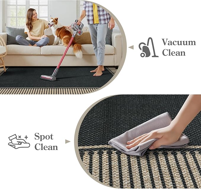 Moynesa Striped Border Easy Jute Outdoor Rug 4x6, Washable Indoor Outdoor Patio Area Rugs for Balcony Backyard Non Slip, Modern Classic Farmhouse Carpet for Living Room, Black