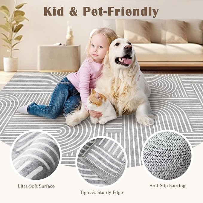 3x5 Washable Area Rug - Small Entryway Rug Non-Slip Grey Abstract Rainbow Kitchen Rugs Modern Boho Carpet Throw Rugs for Living Room Bedroom Bathroom Dorm Nursery Room Home Decor