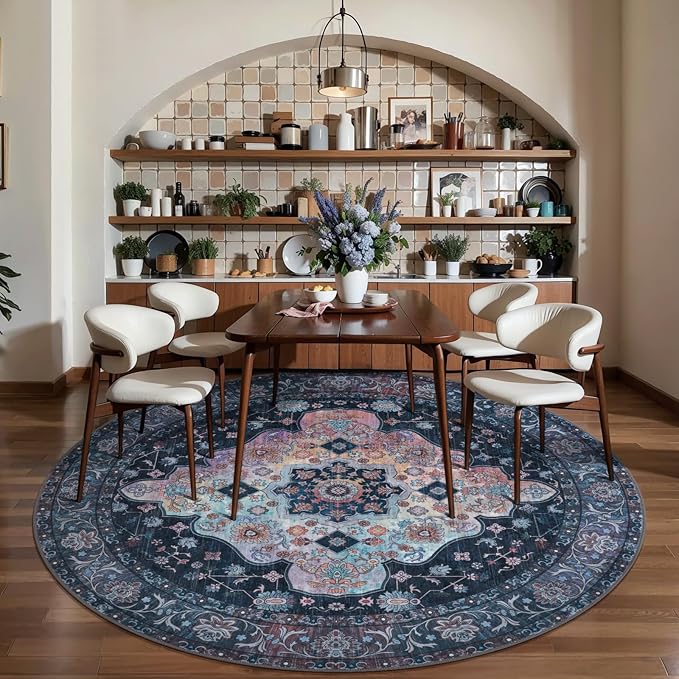 Tangsoo Vintage Round Rug 6ft,Washable Circle Rug, Non Slip Boho Round Area Rug,Low Pile Circular Rugs,Large Round Rugs Carpet for Livingroom,Bedroom,Nursery,Dorm,Office,Taupe