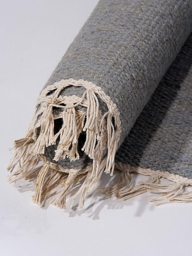 Rugsotic Carpets Hand Woven Flat Weave Kilim Wool ECO-Friendly Area Rugs - 8'x8', Square Shape, Silver Color, Solid Plain Design, Low Pile Handmade Area Rugs for Living Room, Bed Room (D00111)