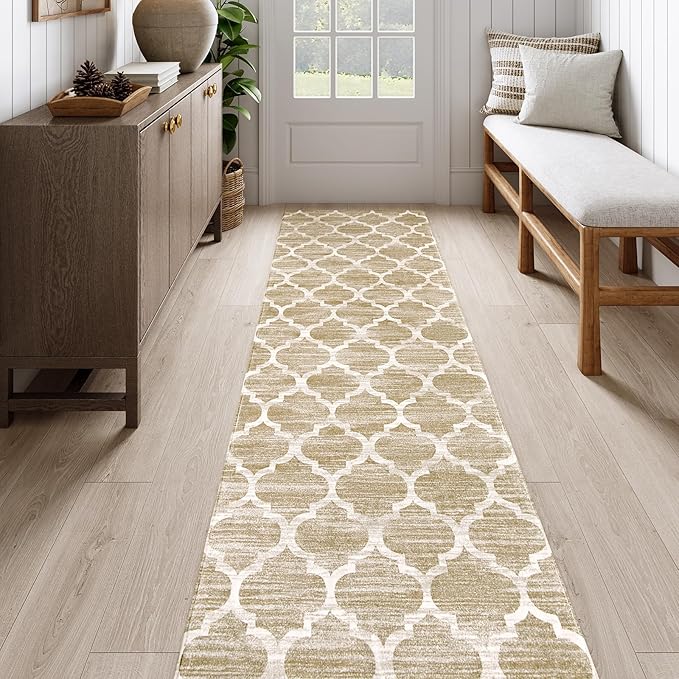Lahome Moroccan Washable Runner Rug - 2x7 Runner Rug Non-Slip Kitchen Runner Ultra-Thin Non-Shedding Soft Hallway Rug, Modern Trellis Print Indoor Carpet Runners for Entryway Bedroom (Taupe, 2'x7')