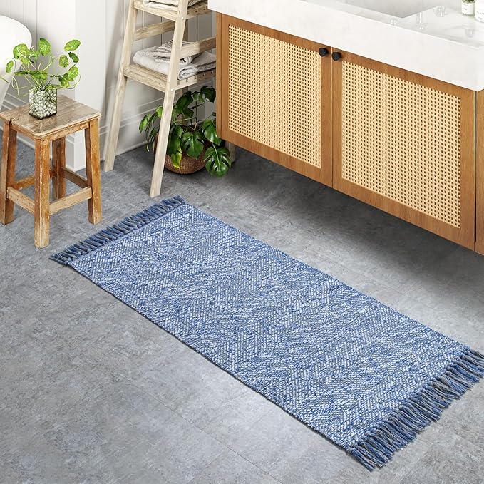 Collive Kitchen Runner Rug, 2' x 4.3' Hand-Woven Reversible Washable Rug, Navy Blue Cotton Modern Farmhouse Bathroom Rug Hallway Carpet for Foyer Bedroom Entry Back Door Decor