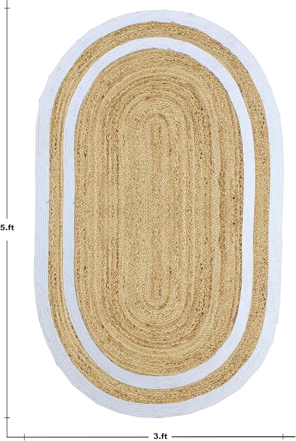 Oval Runner 2.6x24 Kilim Jute Runner Natural Oval Thick 0.27" Solid Design Beige White Hand Braided Jute Flatweave Mat Handmade Boho Indoor Outdoor Rugs for Hallway Enterway Staircases Corridor