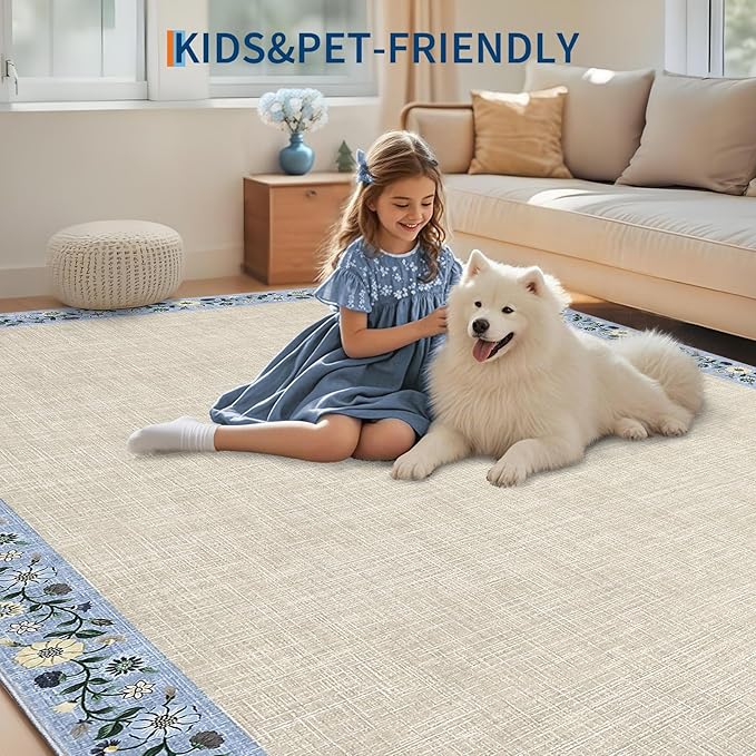 GarveeHome Washable Area Rugs for Bedroom 5x7 Living Room Modern Floral Throw Rugs Non-Slip Lightweight Thin Carpet Modern Farmhouse Print Non-Shedding Soft Low Pile Floor Cover, Beige