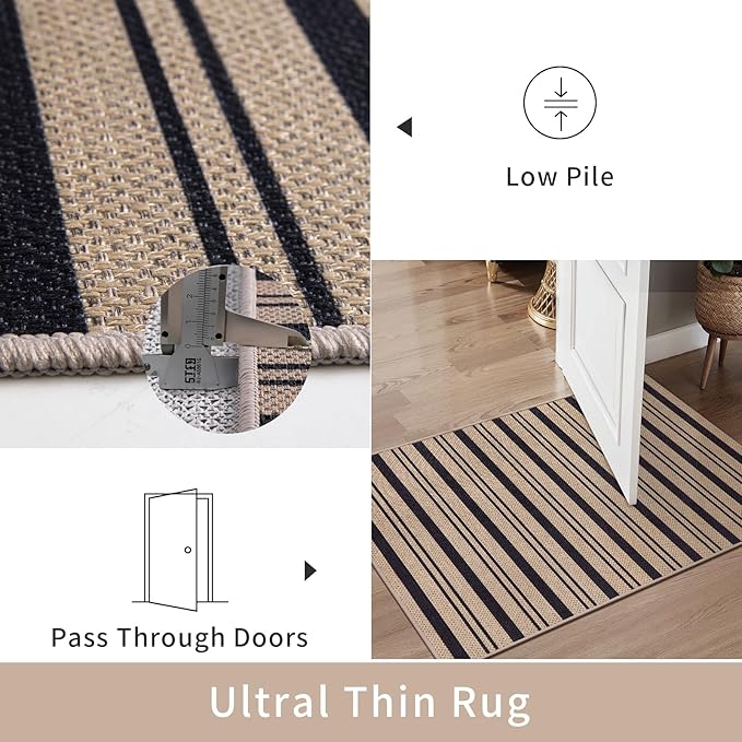 Tangsoo Stripe Easy Jute Rug 4x6 for Paito,Thin Non-Slip Indoor Outdoor Black Door Carpet,Washable Farmhouse Throw Mat for Front Porch Kitchen Bedroom Foyer