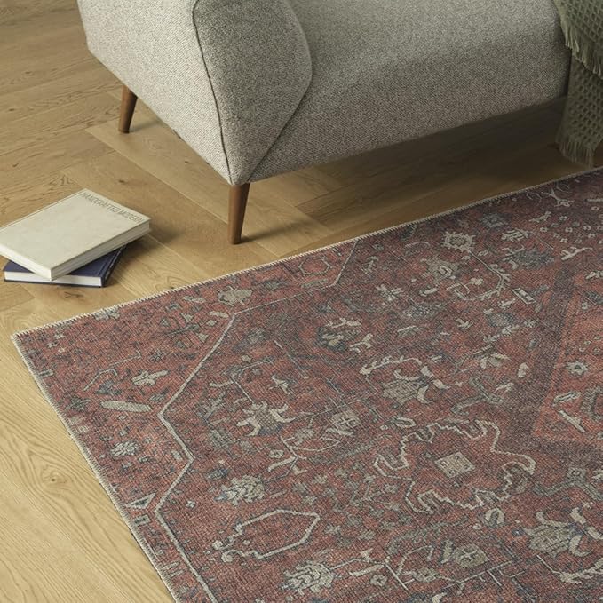 Revival Rugs Zinnia 6'x9' Zero-Shedding Area Rug for Living Room Bedroom - Oeko-TEX Certified, Low Pile, Spot Clean, Terra, Orange, Red