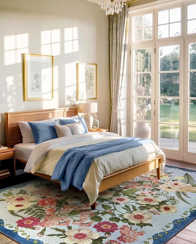 Floral Rugs for Living Room - 9x12 Soft Washable Area Rug Stain Resistant Ultra-Thin Non-Slip Low Pile Farmhouse Vintage Large Carpet for Bedroom Dining Room Nursery Home Office Decor, Blue