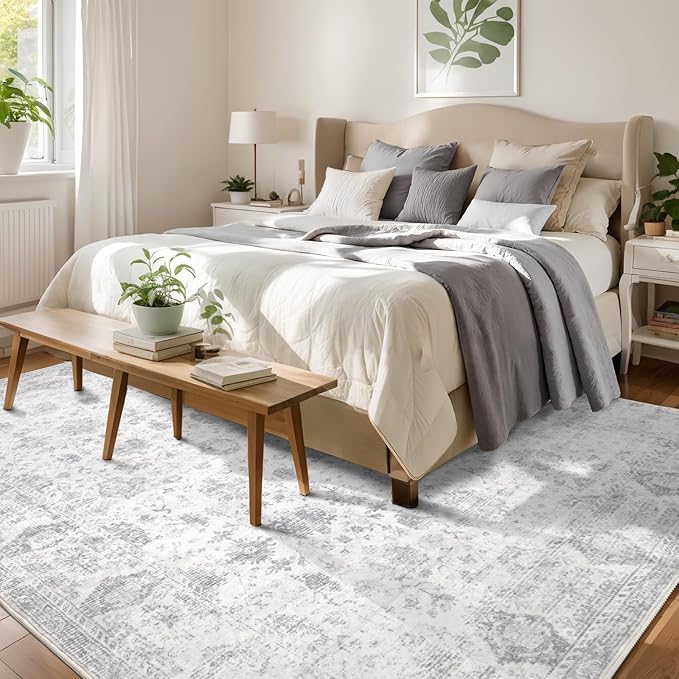 Washable 6×9 Area Rugs for Living Room, Vintage Floral Rug Soft Non Slip Stain Resistant Boho Carpet for Bedroom Dinning Room Kitchen Home Office Grey