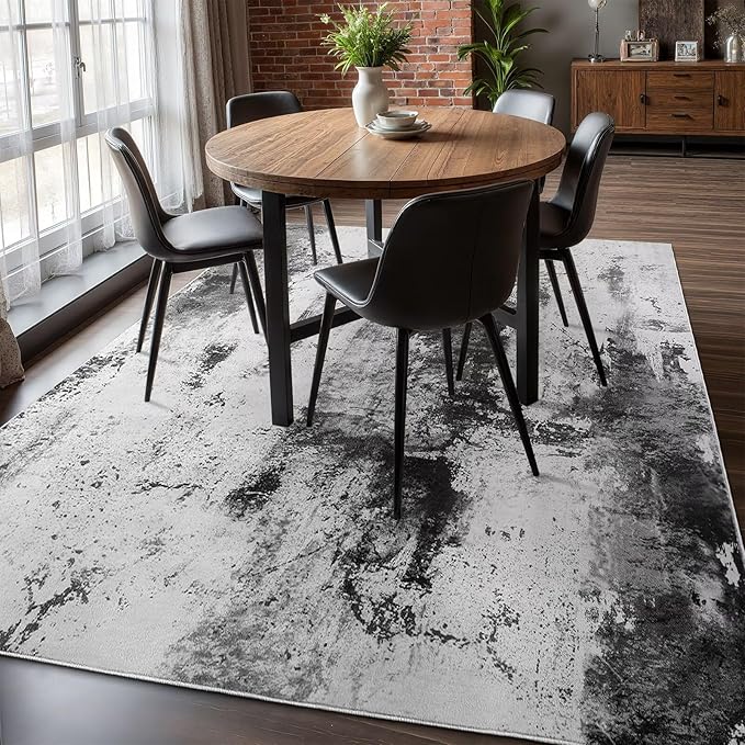 Washable Abstract Rug, 5x8 Modern Area Rugs with Non-Slip Rubber Backed for Living Room, Thin but Soft Contemporary Carpet Kitchen Bedroom Dining Room Decor, Black Grey