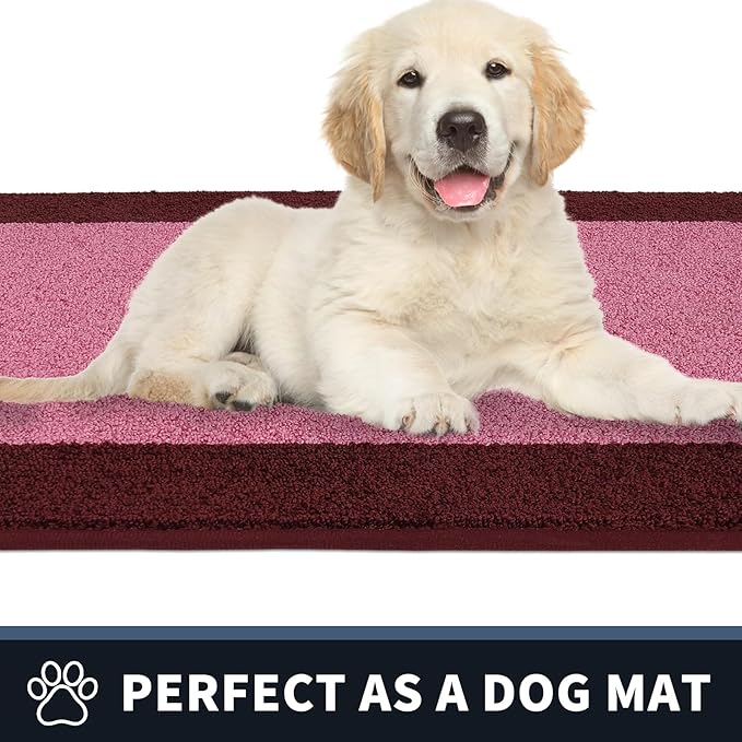 PURRUGS Dirt Trapping Door Mat 24" x 60", Non-Slip/Skid Machine Washable Entryway Rug, Shoes Scraper, Throw Rug, Super Absorbent Area Rug for Muddy Wet Shoes and Paws, Pink & Burgundy Red