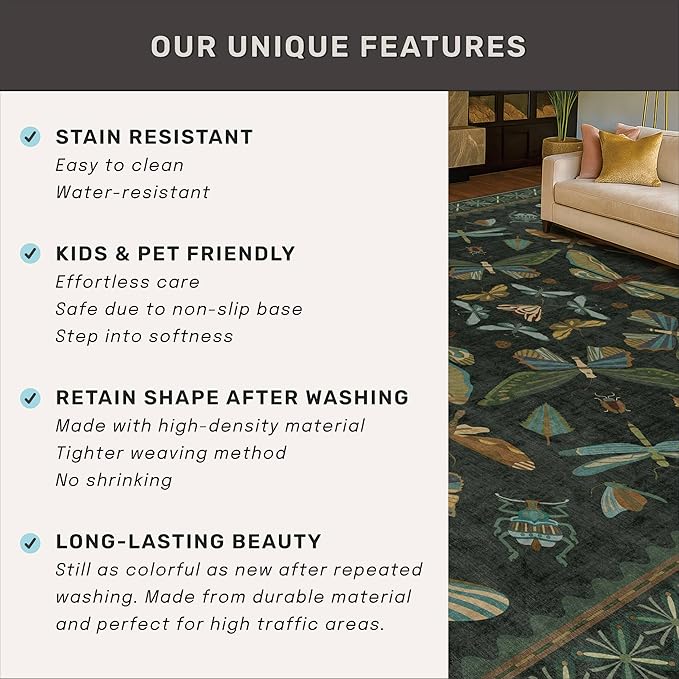 Dark Green Insect 2x5 Bathroom Runner Rug - Washable Non Slip Runners for Kitchen, Laundry Room, Front Door Mat Entrance, Nature Floral Indoor Floor Décor, Thin Low Pile with Rubber Backed