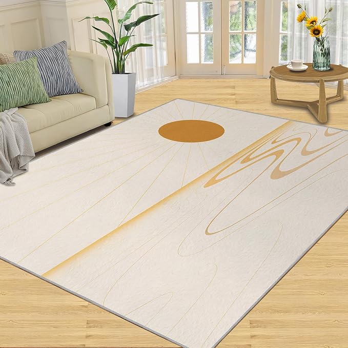 Boho Sun Area Rugs 5x6ft, Minimalist Sunburst Rugs for Kids Bedroom, Geometric Solar Office Rug Low Pile are Not Stumbling Foot for Living Room End Table Nursery