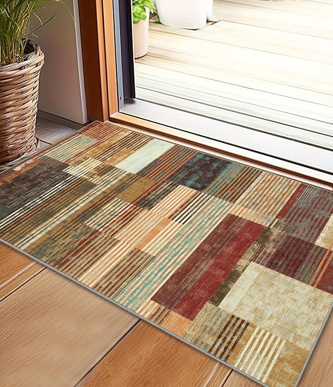YIHOUSE Brown Entryway Rug 2x3, Small Burnt Orange Area Rug, Vintage Welcome Mats for Front Door, Farmhouse Kitchen Rugs Washable, Geometric Area Rug for Indoor Entrance, Beige Boho Rugs for Entryway