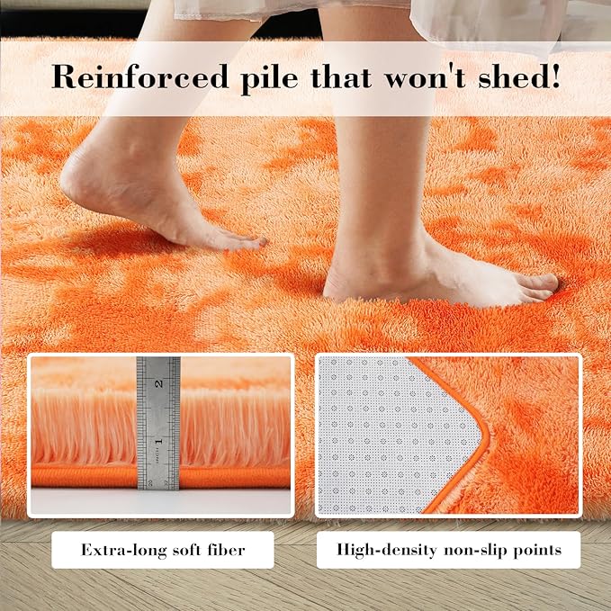 Mottling Orange Fluffy Rug Shaggy Area Rug, 8x10 Area Rugs for Girls Bedroom, Big Soft Shaggy Bedside Non-Slip Plush Dorm Nursery Kids Carpet Home Decor Aesthetic