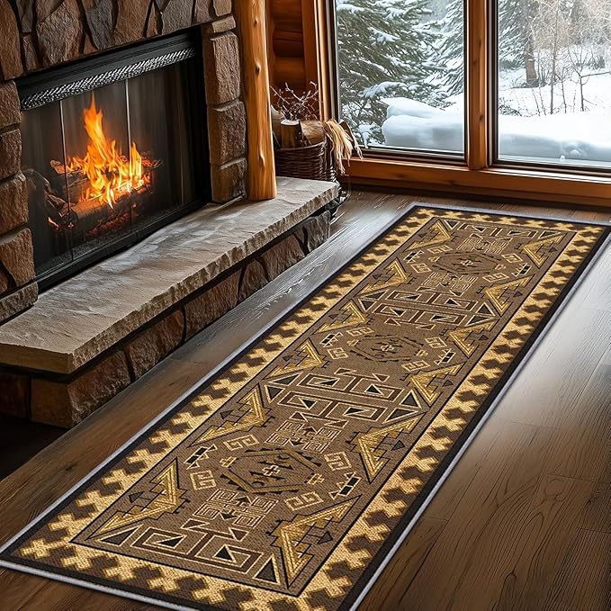 Brown Geometric Runner Rug, 1.3x7ft Hallway Runner Washable Rug, Corridor & Foyer High-Traffic Rugs, Indoor Durable Non-Slip Mat, Vintage Southwestern Decorative Home Carpet