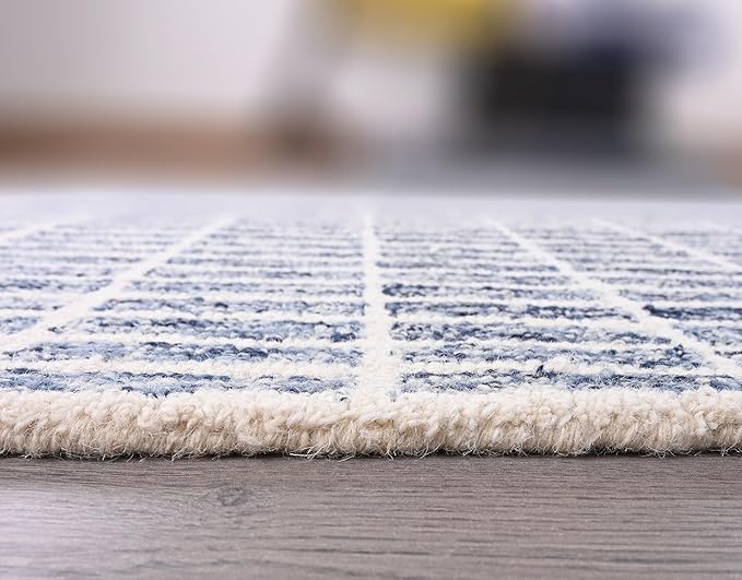 Hand-Tufted 100% Wool Area Rug – Unique Modern Geometric Grid Pattern, Soft Plush Textured Carpet for Living Room, Bedroom, Dining Room & Entryway (Denim Blue, 5' Round)